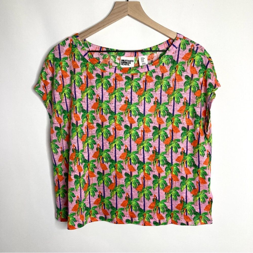 Bouffants & Broken Hearts Pink Flamingo Palm Tree Linen Top Size Medium NWT